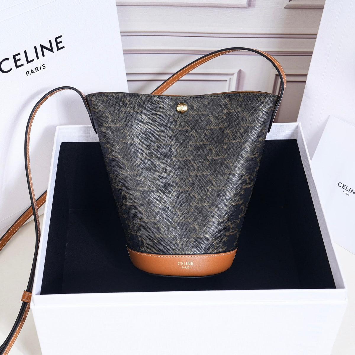 Celine Little Bucket In Triomphe Canvas
