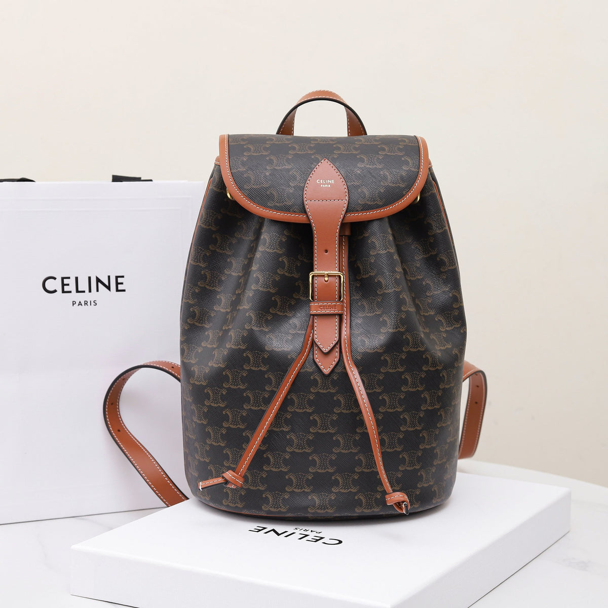 Celine Medium Backpack Folco in Triomphe Canvas And Calfskin