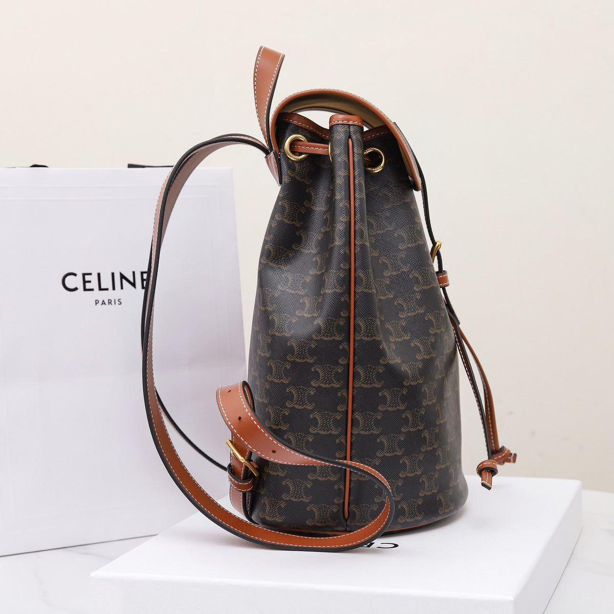 Celine Medium Backpack Folco in Triomphe Canvas And Calfskin