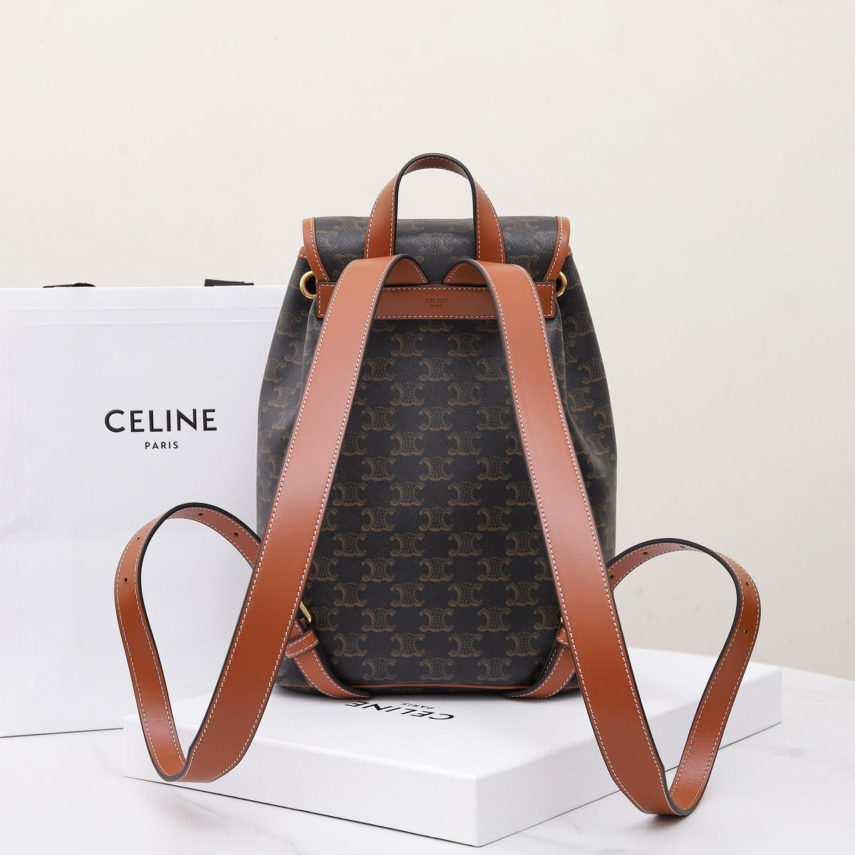 Celine Medium Backpack Folco in Triomphe Canvas And Calfskin