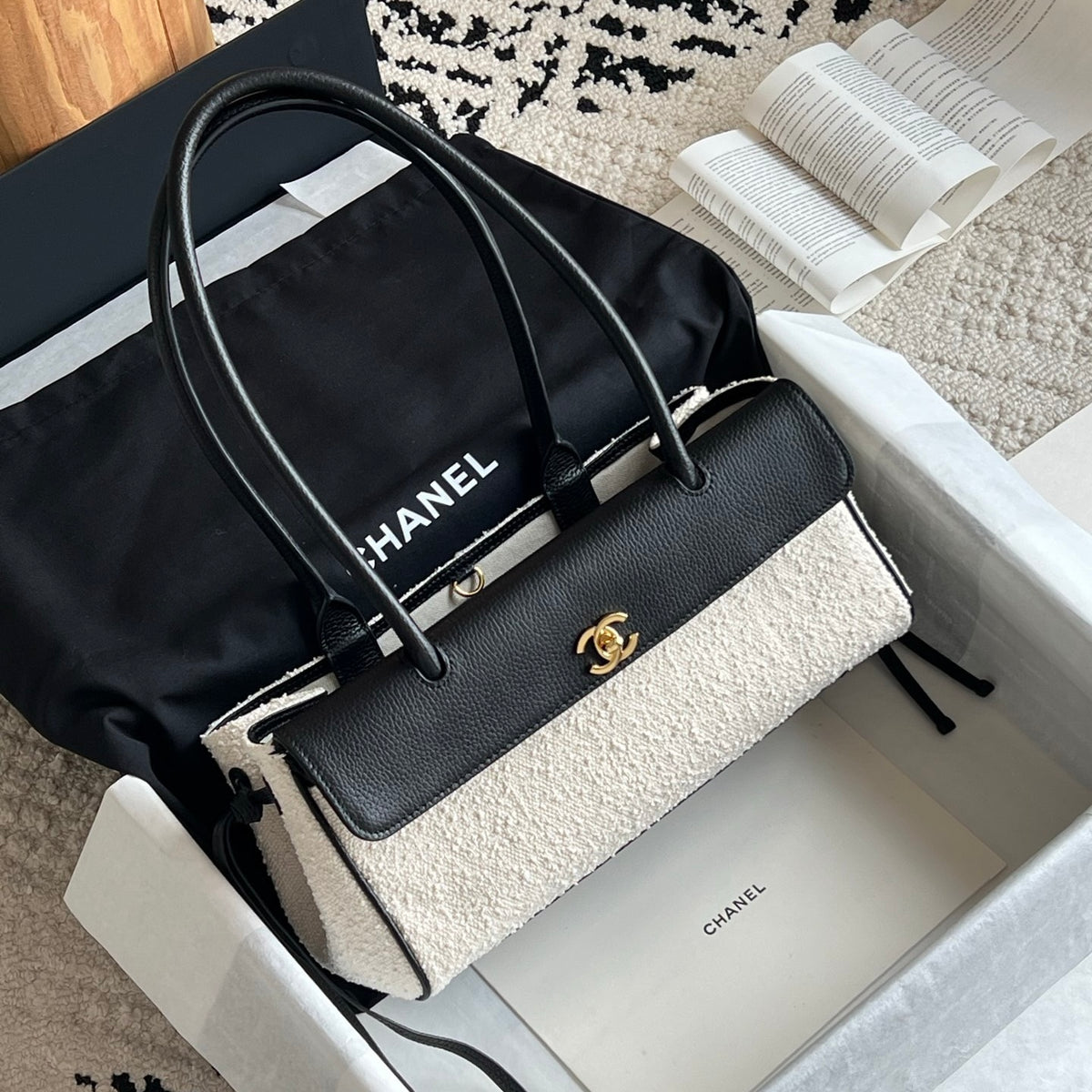 Chanel Small Urban Essential East West Shopping Tote in Calfskin Boucle