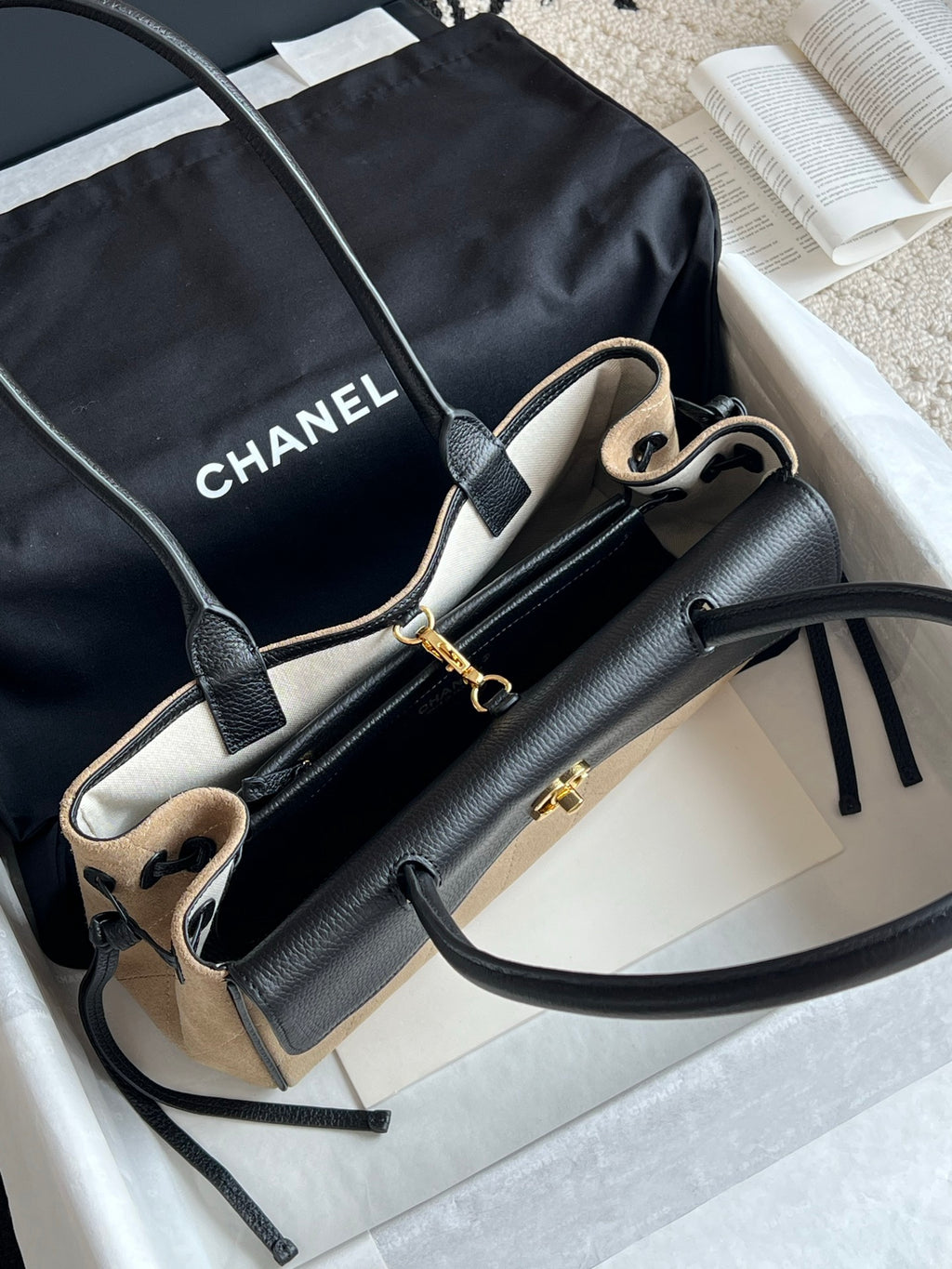 Chanel Small Urban Essential East West Shopping Tote in Calfskin and Suede