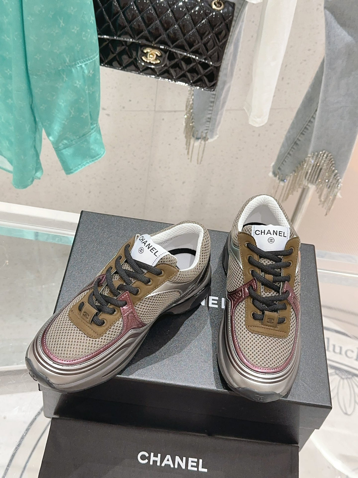 Chanel Laminated Sneaker in Fabric Burgundy