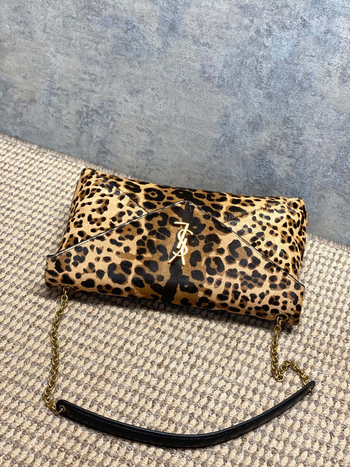 Saint Laurent Cassandre Pouch On Chain In Pony Hair Leather Leopard