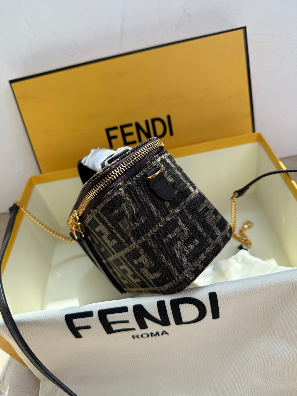 Fendi Mini Vanity Bag in Tobacco FF Jacquard Fabric