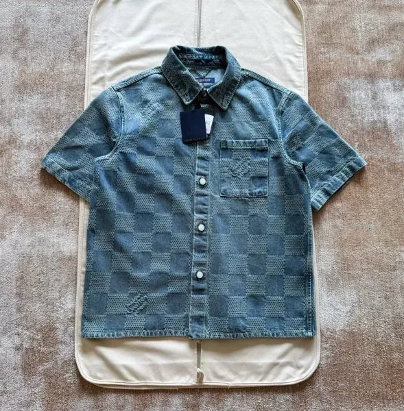 LV 1AHVZ2 Damier 3D Light Denim Short-Sleeved Shirt