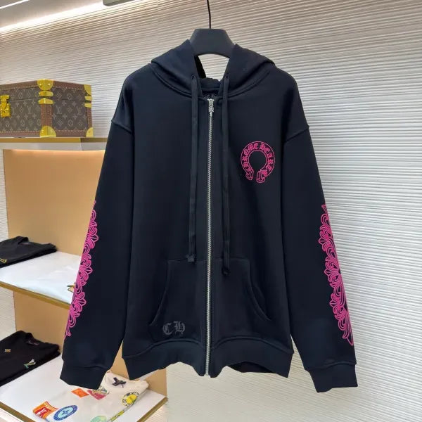 Chrome Hearts Horseshoe Pink Logo Zip-up Hoodie Black