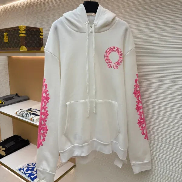 Chrome Hearts Pink Horseshoe Floral Sleeve Pullover Hoodie