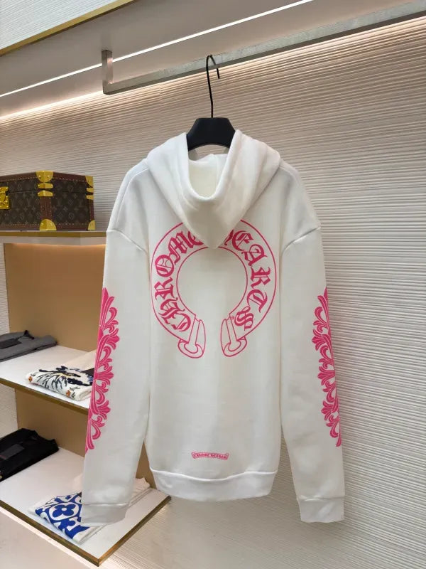 Chrome Hearts Pink Horseshoe Floral Sleeve Pullover Hoodie