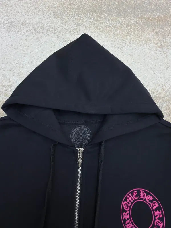Chrome Hearts Horseshoe Pink Logo Zip-up Hoodie Black