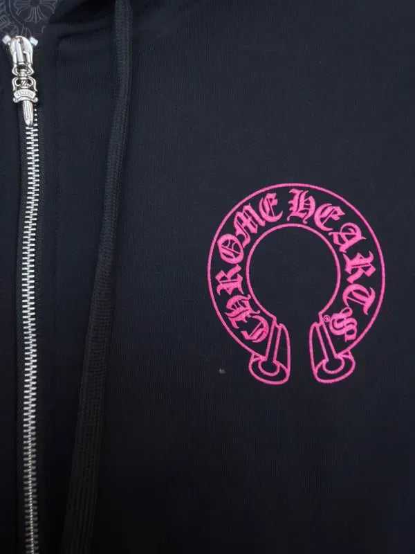Chrome Hearts Horseshoe Pink Logo Zip-up Hoodie Black
