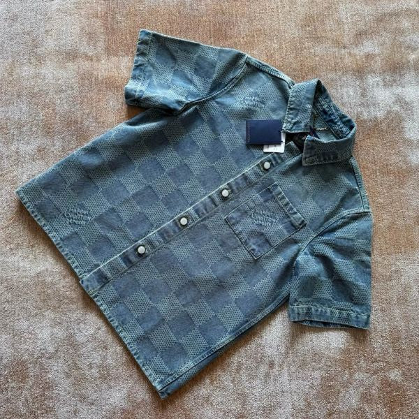 LV 1AHVZ2 Damier 3D Light Denim Short-Sleeved Shirt